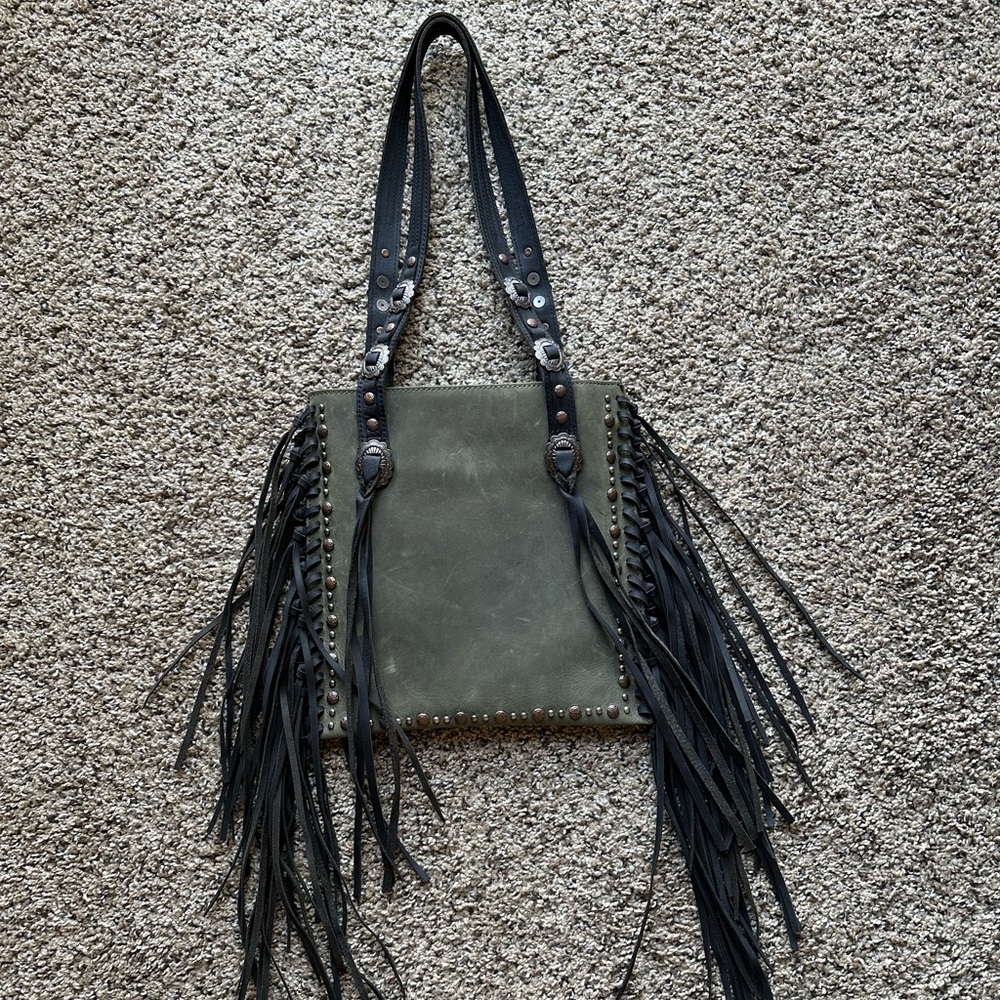 Fringe Genuine Leather Shoulder Bag - Olive Green and Black